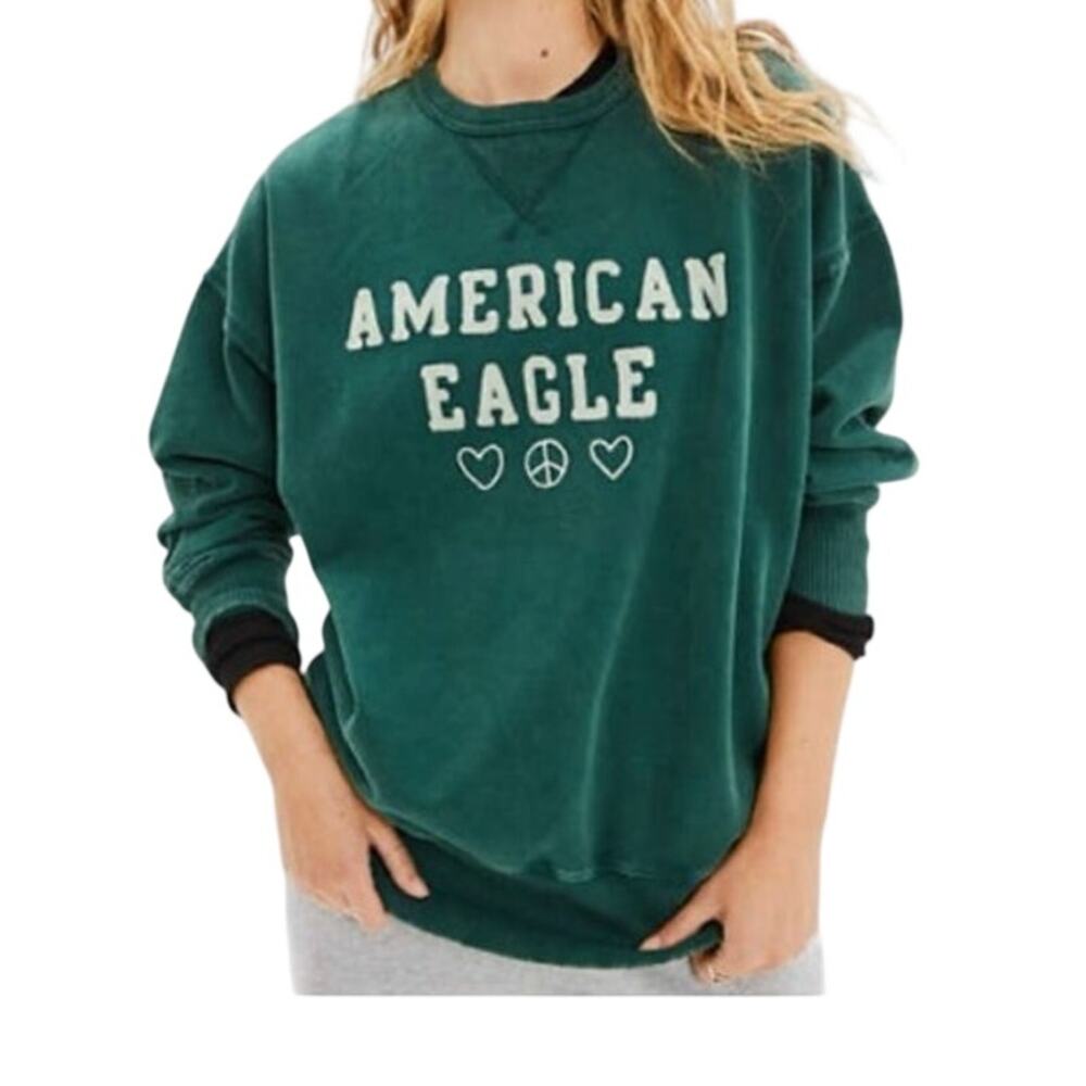 AE American Eagle Green Crew Neck Sweatshirt Small Embroidered Oversized